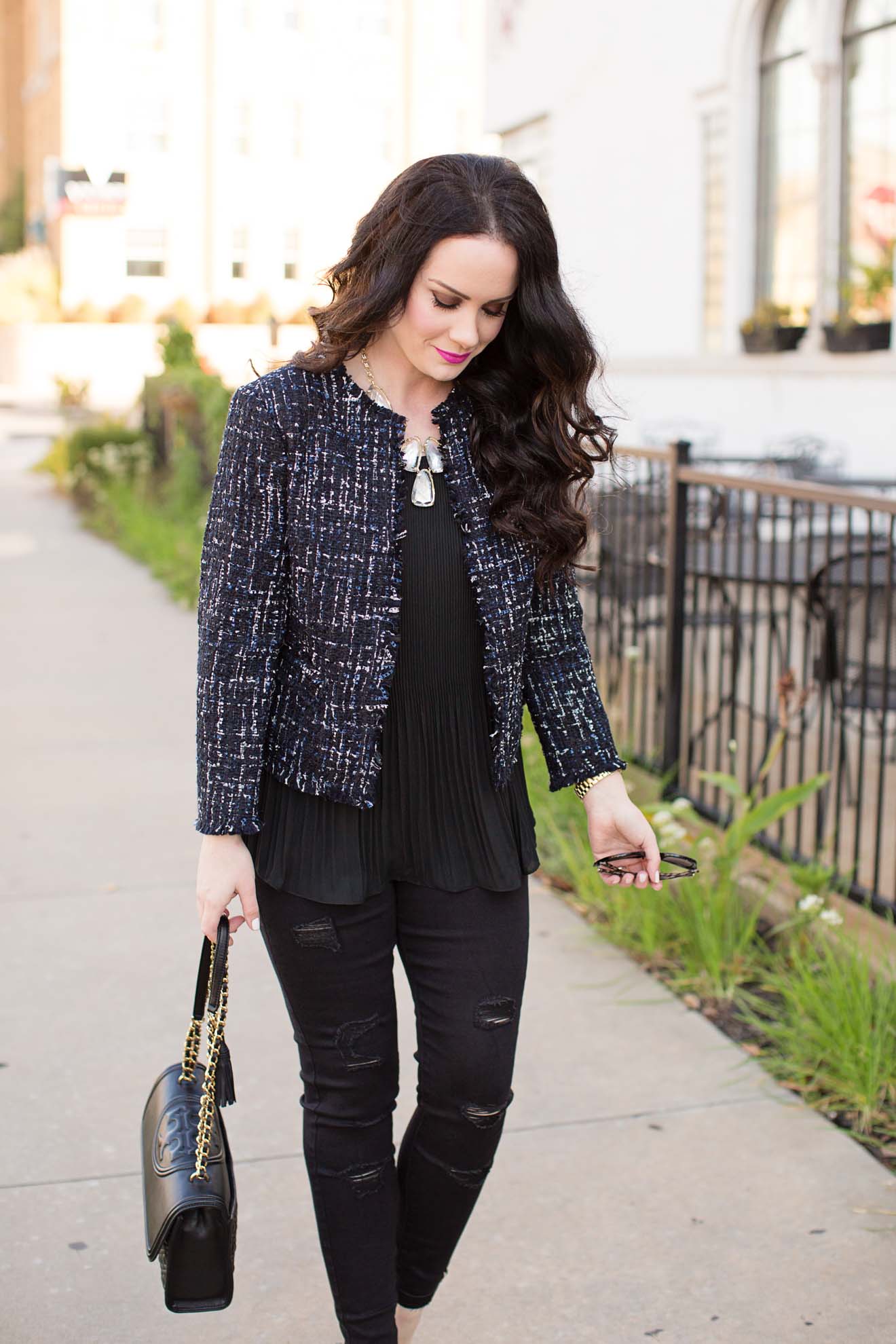 Holiday Outfit Ideas Tweed Jacket + Black Denim The Double Take Girls