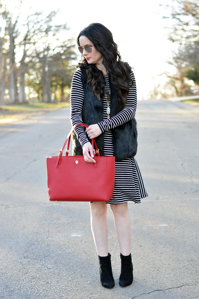 stripes and faux fur vest tory burch york tote 5 - The Double Take Girls