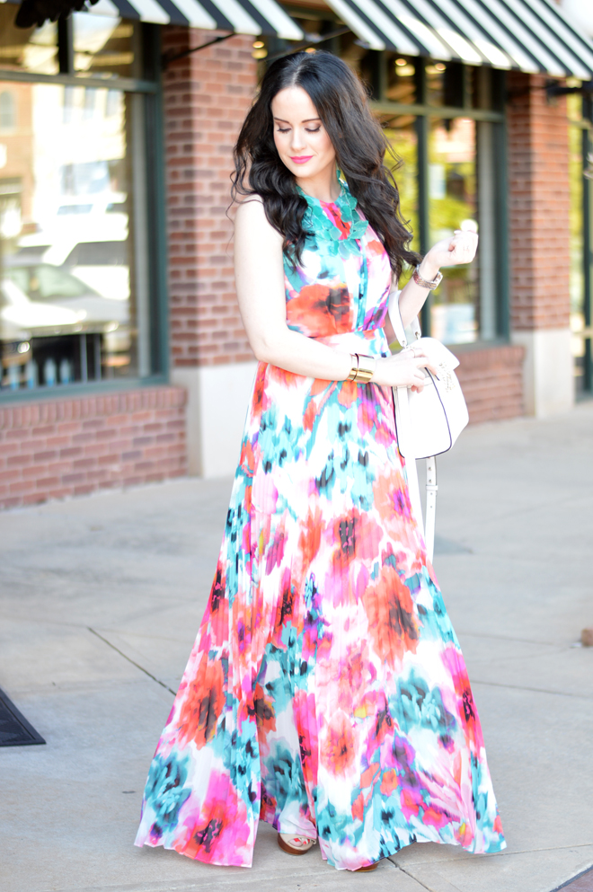 Pleated floral chiffon shop maxi dress eliza j