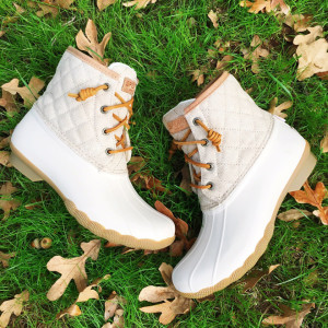 pink and white sperry duck boots