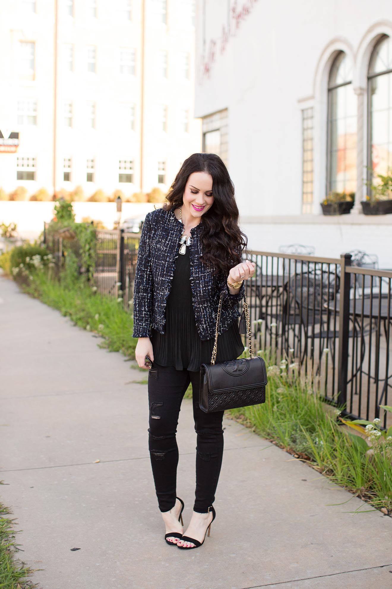 Holiday Outfit Ideas | Tweed Jacket + Black Denim - The Double Take Girls