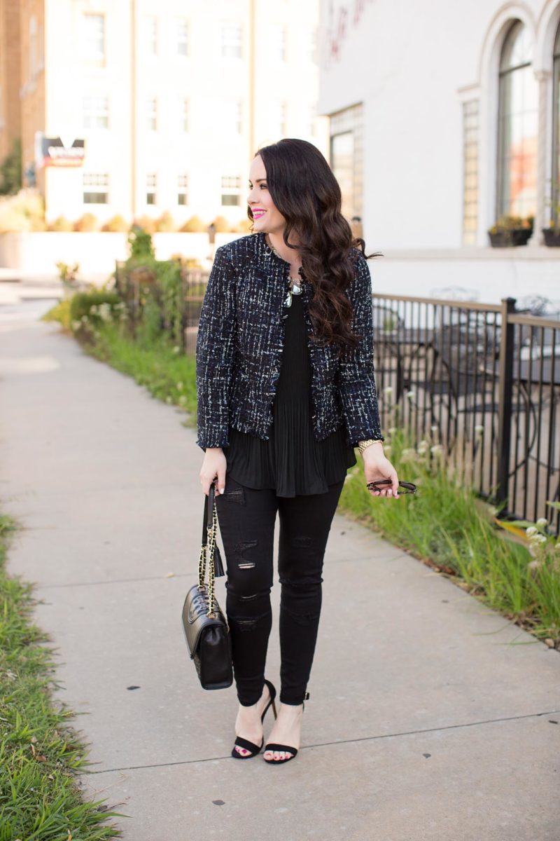 Holiday Outfit Ideas Tweed Jacket + Black Denim The Double Take Girls