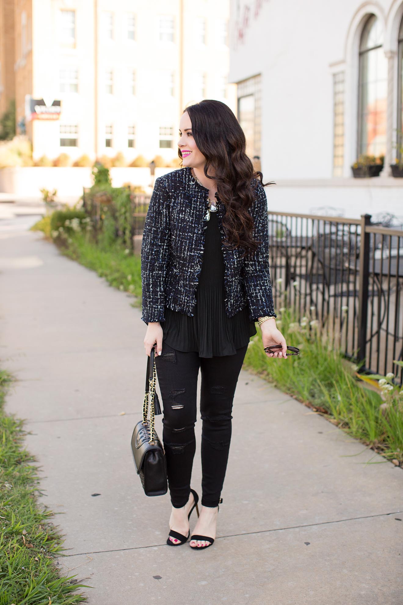 Holiday Outfit Ideas | Tweed Jacket + Black Denim - The Double Take Girls