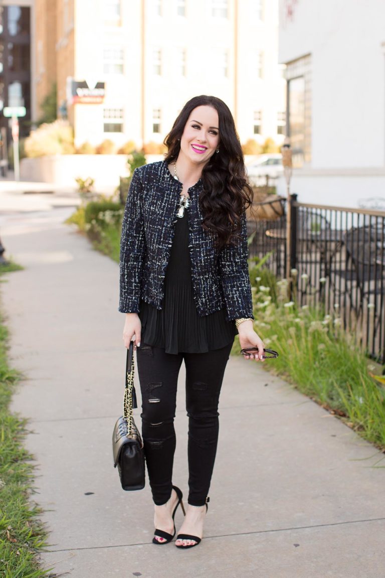 Holiday Outfit Ideas | Tweed Jacket + Black Denim - The Double Take Girls
