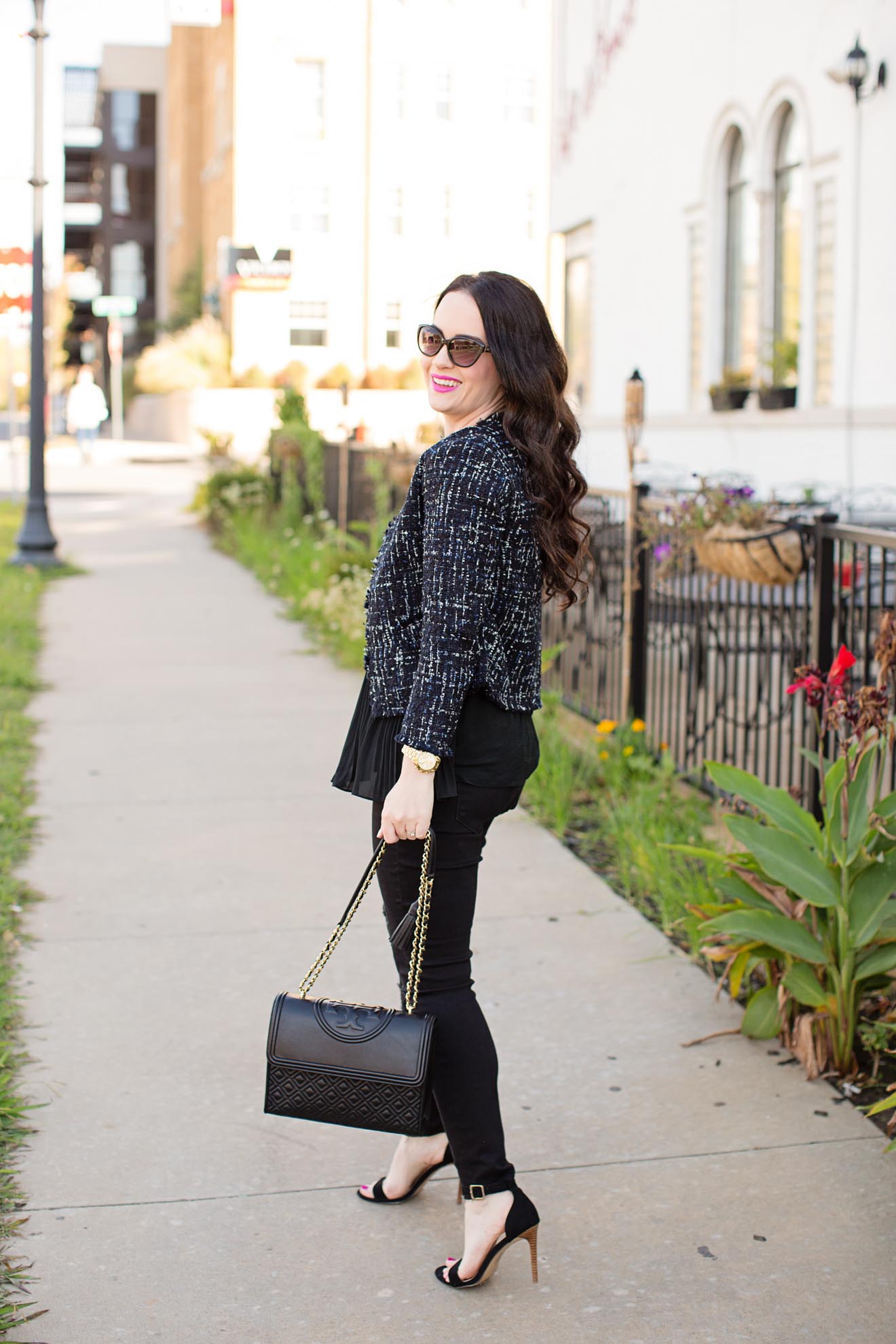 Holiday Outfit Ideas | Tweed Jacket + Black Denim - The Double Take Girls