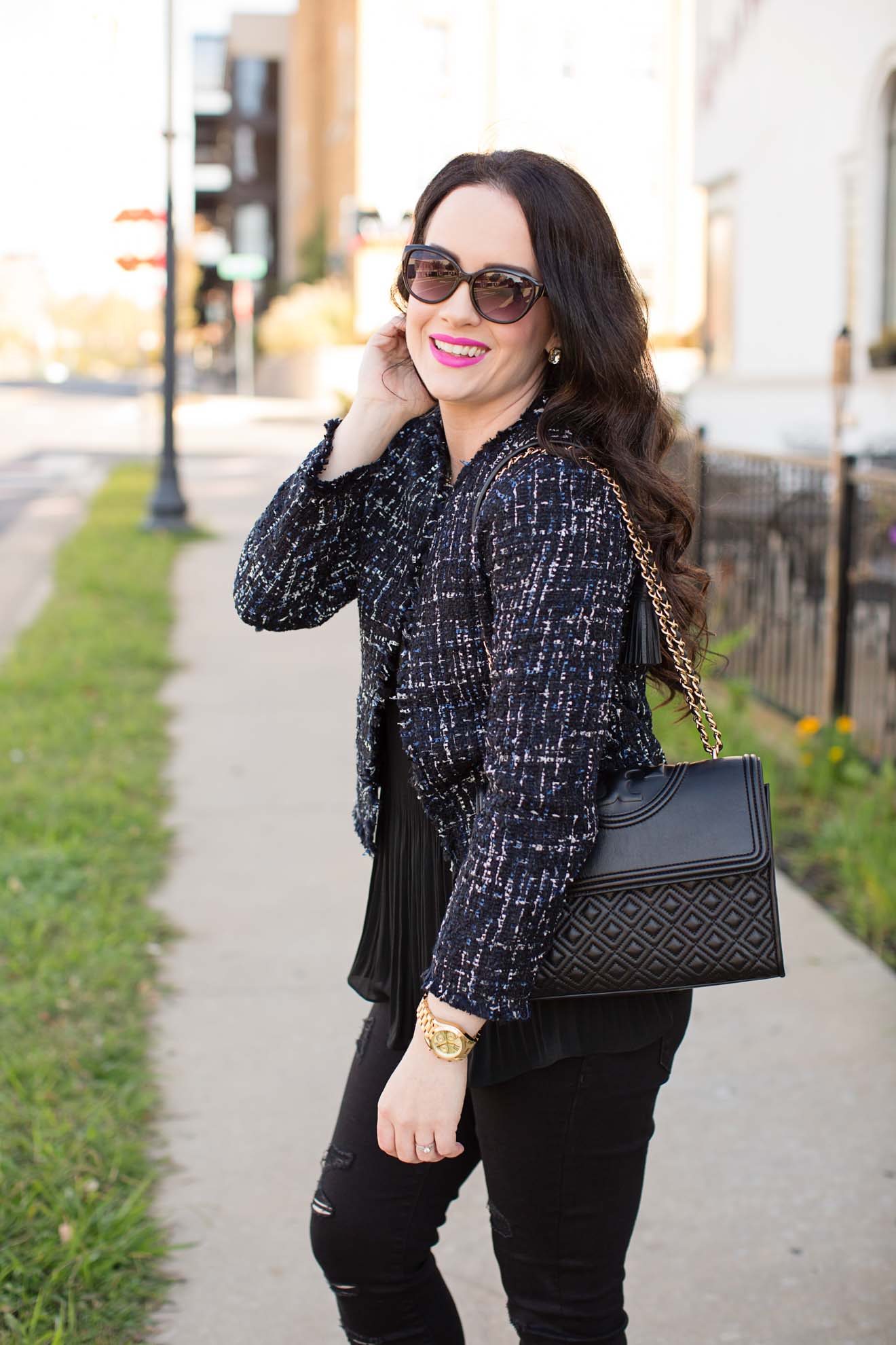 Holiday Outfit Ideas | Tweed Jacket + Black Denim - The Double Take Girls