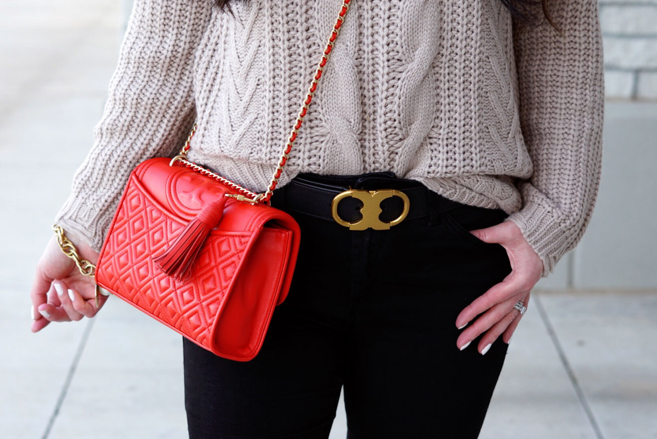 tory burch gemini belt and red fleming bag cream cable knit sweater loft  -8662 - The Double Take Girls