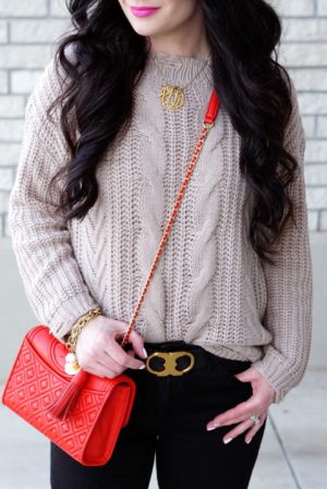 Winter Sweater Style Tory Burch Gemini Belt and Red Fleming Bag